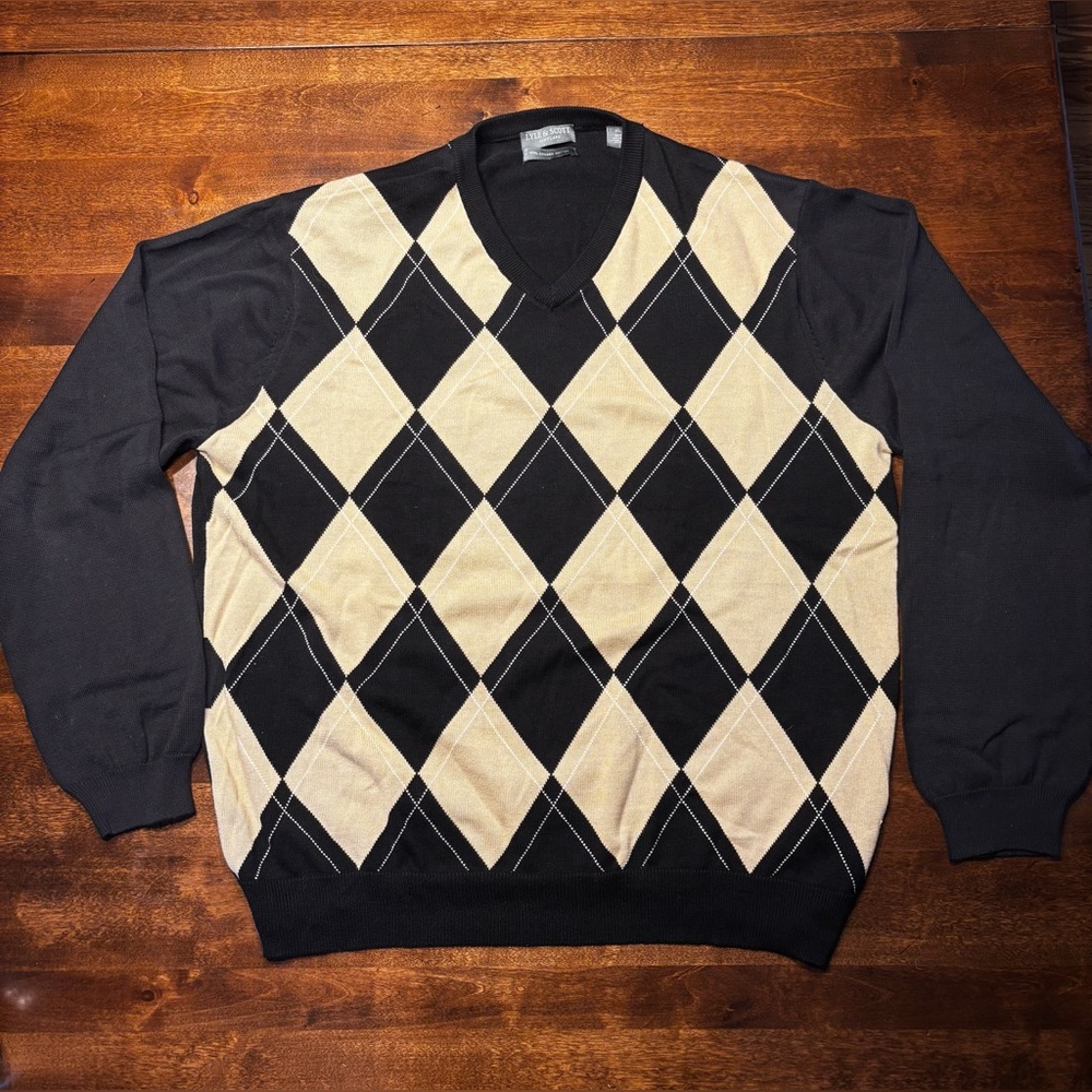Lyle & Scott Scotland Black Cream V-Neck Sweater XL Argyle Diamond Golf Cotton